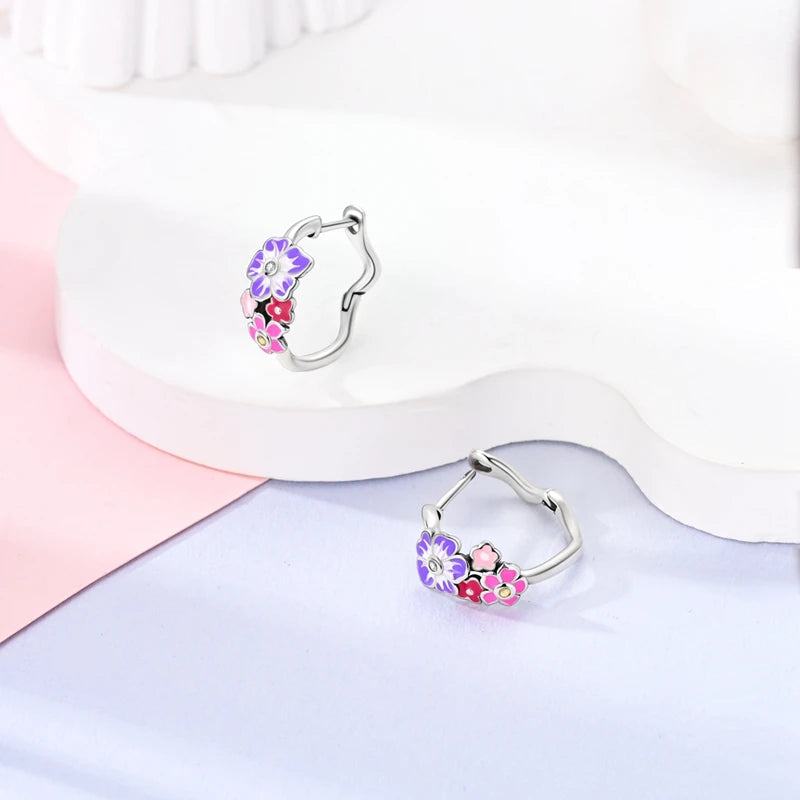 Lovely 925 Sterling Silver Colorful Double Layer Starry Moon&Cat and Dog Cute Pet&Pink and Purple Flower Earrings Girl Jewelry