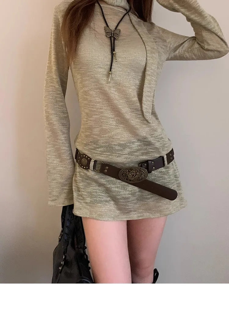 N Retro Ethnic Belt Y2K Bohemian Dress With a Wide Brown Belt