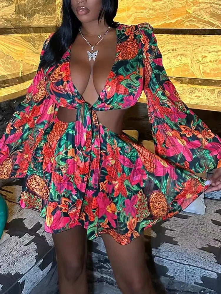 Two Piece Sets Women Skirt Set Print Floral Matching Sets V Neck Flare Sleeve Top Short Skirts Dress Sets Lace Up High Waist