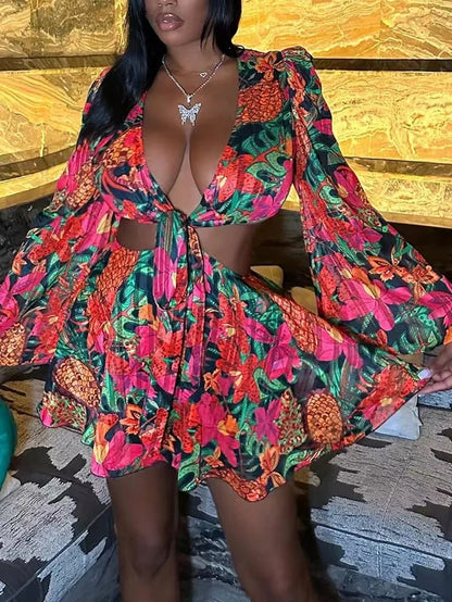 Two Piece Sets Women Skirt Set Print Floral Matching Sets V Neck Flare Sleeve Top Short Skirts Dress Sets Lace Up High Waist