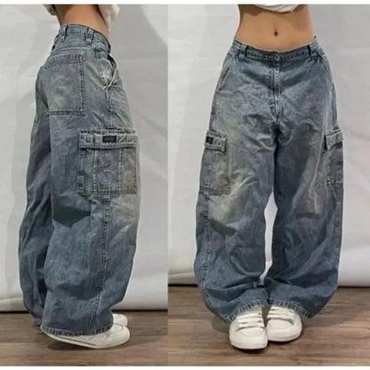 American New Fashion Pattern Embroidered Baggy Jeans Women Y2K Harajuku Vintage Gothic Hip Hop Popular High Waist Wide Leg Pants