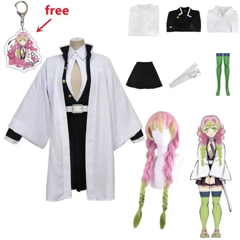 Complete Mitsuri Kanroji cosplay costume with wig, accessories, and free keychain for anime fans