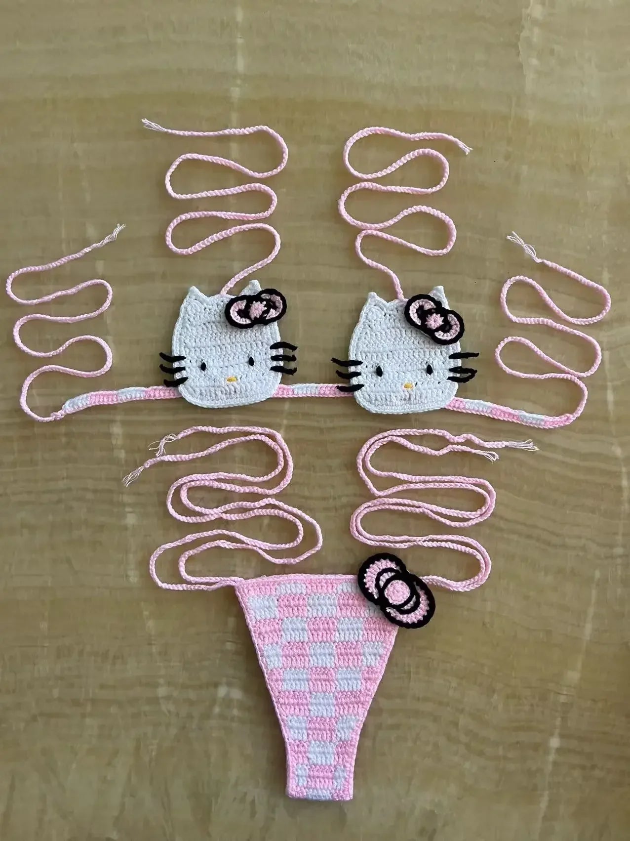 Sanrio Crochet Bikini Set Cute Girls Swimsuits Hello Kitty Sexy Bathing Suit Micro Ties Bikinis Beachwear Women Swimming Suit