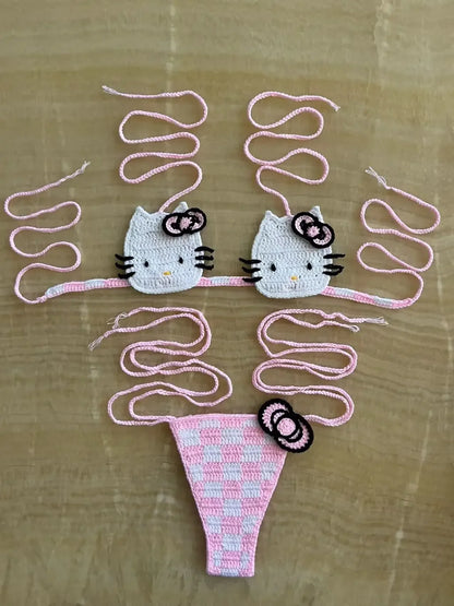 Sanrio Crochet Bikini Set Cute Girls Swimsuits Hello Kitty Sexy Bathing Suit Micro Ties Bikinis Beachwear Women Swimming Suit