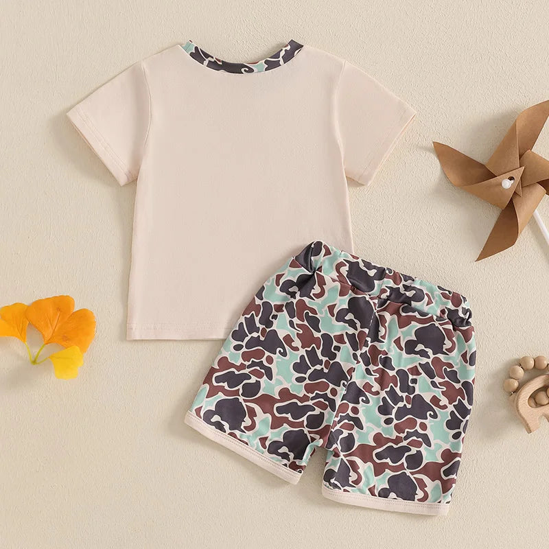 Boys Casual Summer Outfits Short Sleeve T-Shirts and Camouflage Shorts Set with Elastic Waistband for Toddlers 2 Pieces