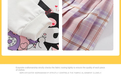 Kids Clothes Set Spring Autumn Children Kuromi Long Sleeved Sweater Tops+Checkered Pleated Skirt 2pce Teen Girls Preppy Clothing