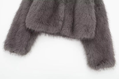 HH Women Winter Fashion Artificial Fur Effect Short Jacket Coats Female O-Neck Vintage Long Sleeve Loose Warm Top Streetwear
