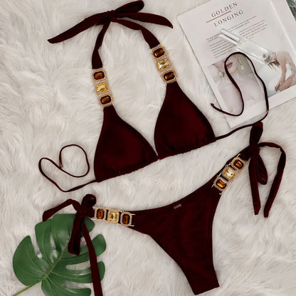 Sexy Rhinestone Bikini Set Women 2025 Luxury Pink Crystal Diamond Push Up Bandage Thong Swimsuit Beach Bathing Suit Swimwear