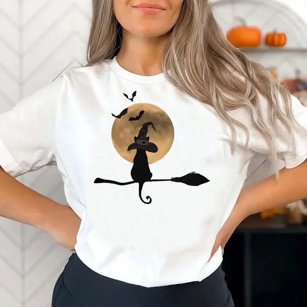 EtherealBe Halloween witch shirt women featuring a black cat on a broom against a full moon