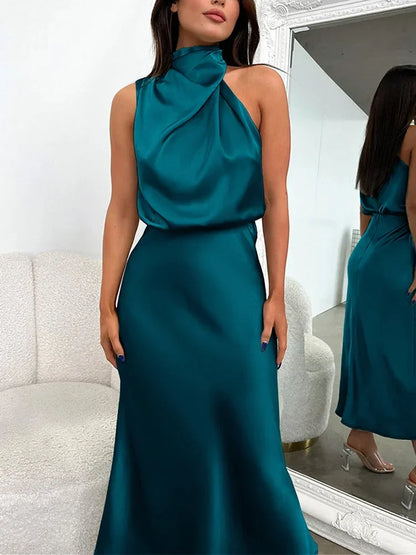 Summer Luxury Sleeveless Silk Satin Long Dress Women Elegant Off Shoulder Celebrity Evening Dress Partywear Lady Trumpet Dress