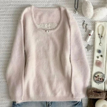 NEW Fall Winter Sweater Casual Slim Fit Chic Solid Color Ribbon Decoration One-shoulder Pullover Y2K Harajuku Womens Streetwear