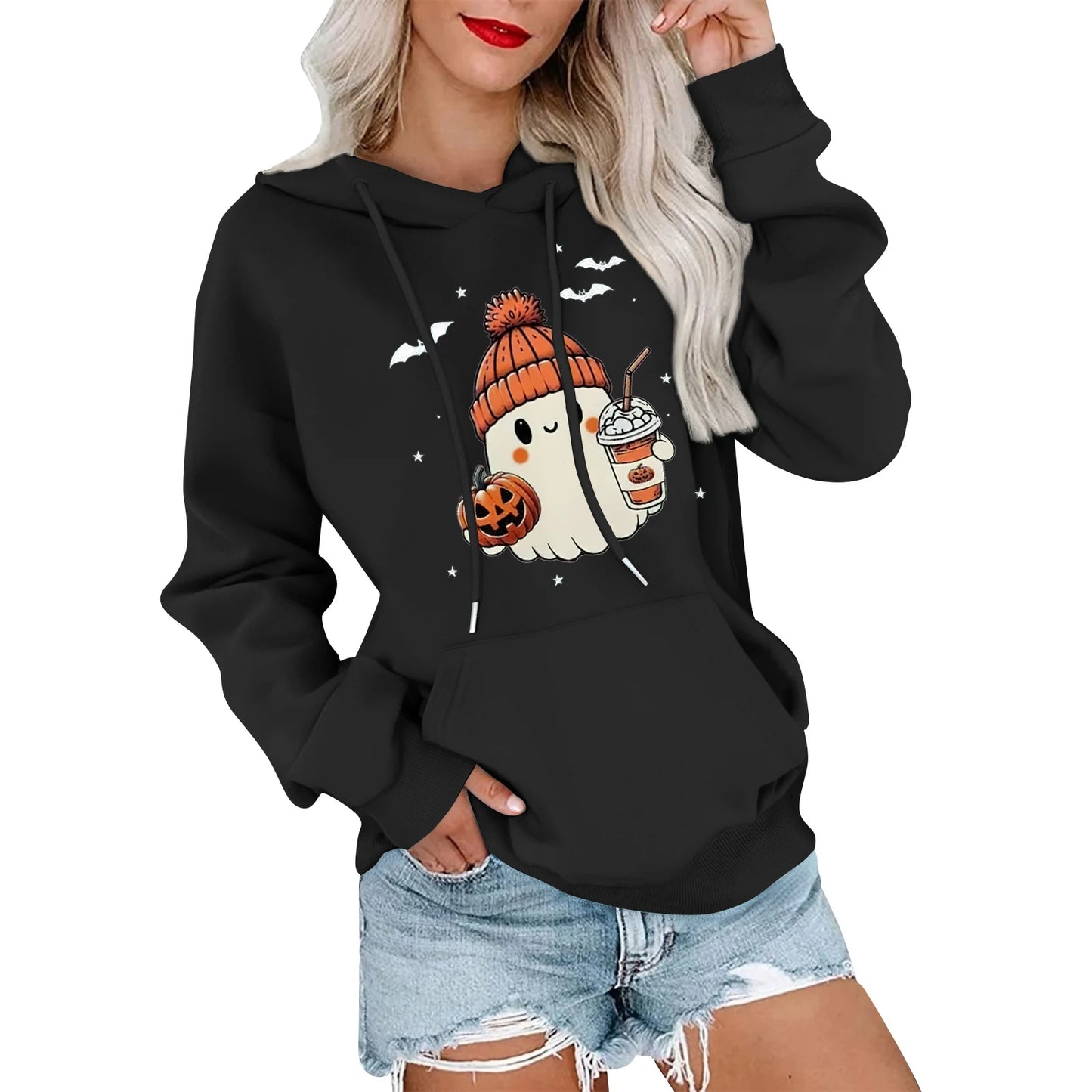 Women Halloween Printed Hoodie Casual Long Sleeve Sweatshirt Fashion Oversize Pullover Cozy Winter Streetwear Chic Loungewear
