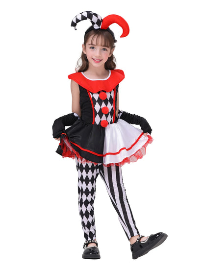 Girls jester clown costume featuring colorful design with harlequin patterns and playful hat
