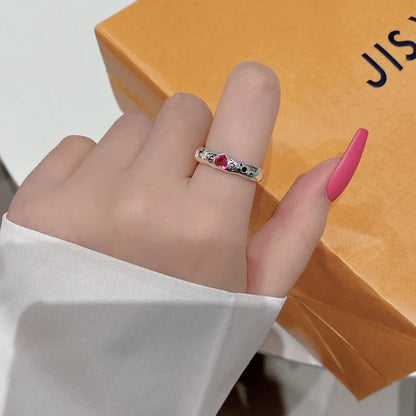 BF CLUB Silver Color Rings for Women Fashion Geometric Handmade Irregular Red Heart Ring Party Christmas Gift