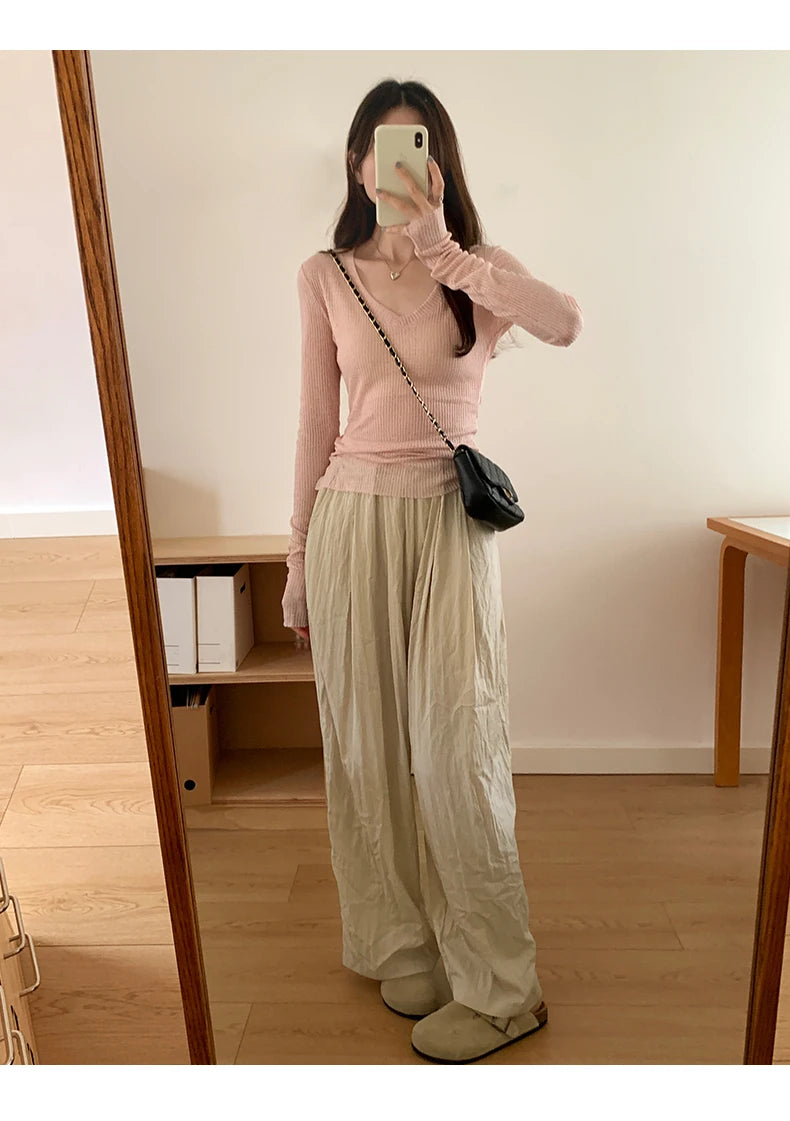 Autumn Sexy Classic V-neck Knitted Female T-shirts New Elastic Fashion Slim Simple Casual Pure Color Long Sleeves Women T-shirts