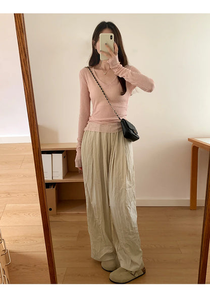 Autumn Sexy Classic V-neck Knitted Female T-shirts New Elastic Fashion Slim Simple Casual Pure Color Long Sleeves Women T-shirts