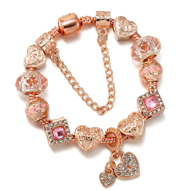 Spring Style Charms Bracelets For Women With Snake Chain Pink Daisy DIY Charms Beads Pendants Fashion Jewelry Dropshipping