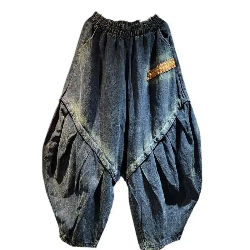 DEAT Personality Loose Denim Pants For Women 2025 Spring New Item High Elastic Waist Big Size Splicing Jeans Female 11A02417