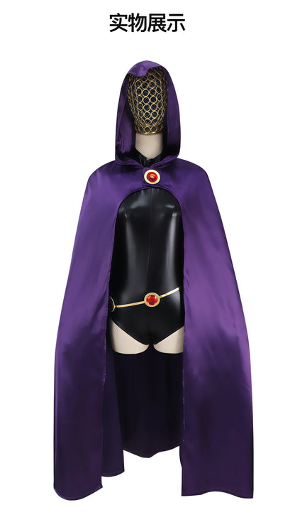 EtherealBe Raven Teen Titans cosplay costume for women featuring a purple cape and matching accessories