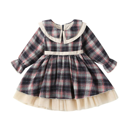 0-5Y Christmas Princess Kids Girls Autumn Dress 3 Colors Peter Pan Collar Long Sleeve Plaid Print Lace Tulle Tutu Bowknot Dress