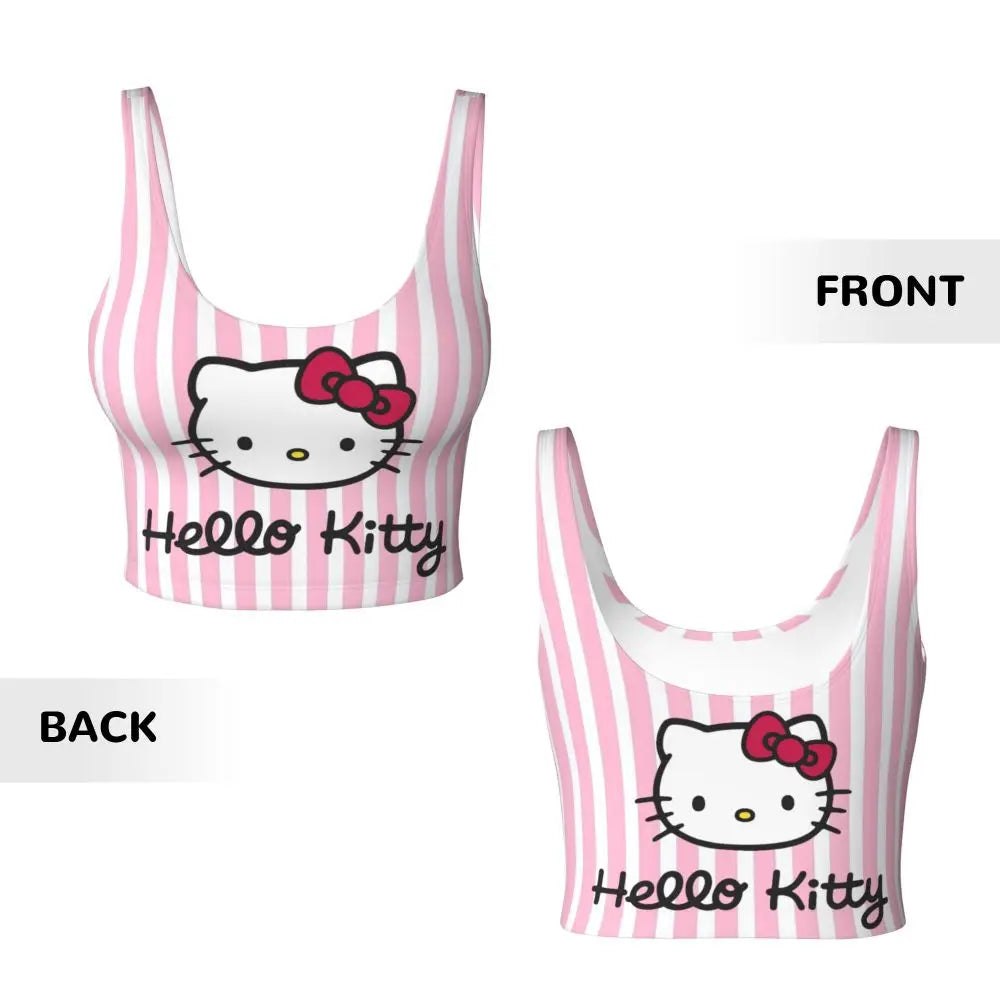 Hello Kitty sports bra for women with pink stripes and adorable character design on the front