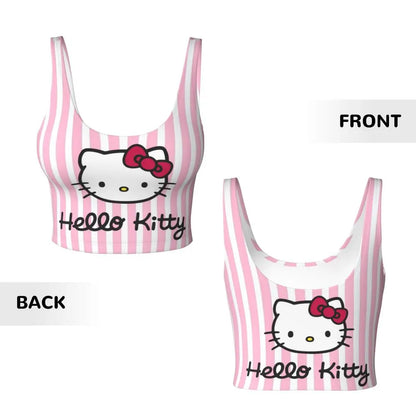 Hello Kitty sports bra for women with pink stripes and adorable character design on the front