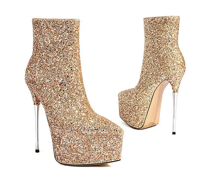 2025 New Autumn Winter Shiny Stiletto Ankle Boots Woman High Heels Glitter Bling Short Boots Women Platform Pointed Toe Shoes