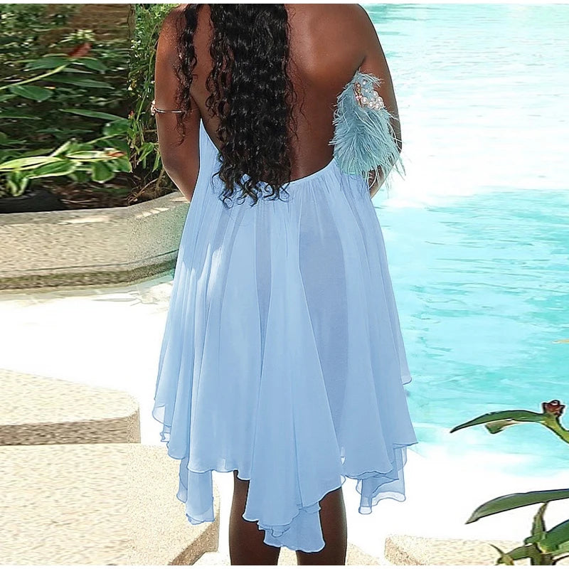 Elegant Halter Ruffles Short Dress Women Loose Solid Strapless Sleeveless Backless Dresses 2025 Summer Lady Beach Vacation Robes