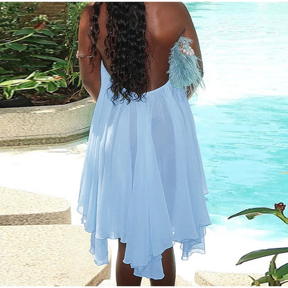 Elegant Halter Ruffles Short Dress Women Loose Solid Strapless Sleeveless Backless Dresses 2025 Summer Lady Beach Vacation Robes