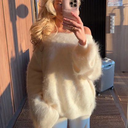 Fluffy Mohair Off Shoulder Cropped Sweater Oversize Slouchy Long Sleeve 2025 Autumn Cozy Women Knit Top Trendy Sweet Lady Jumper