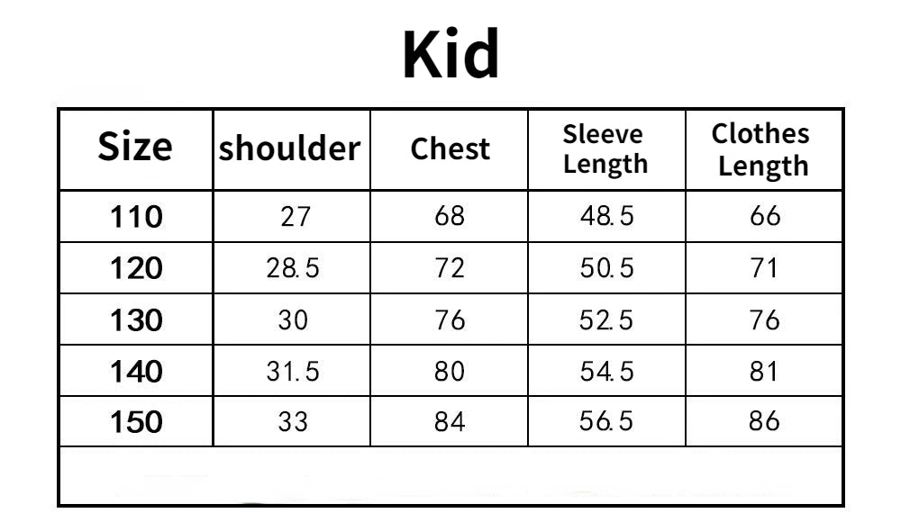 Wednesday Addams cosplay dress for women sizing chart showing kid sizes shoulder chest sleeve and clothes length