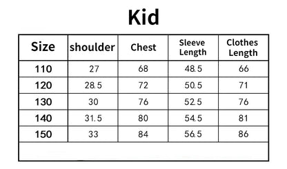 Wednesday Addams cosplay dress for women sizing chart showing kid sizes shoulder chest sleeve and clothes length