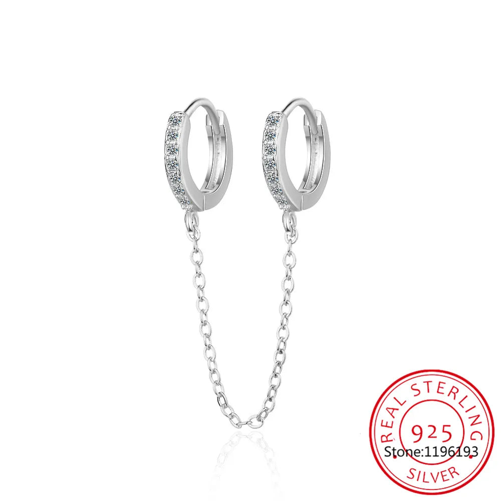 Solid 925 Sterling Silver Double Earrings Chain Small Round Circle Hoop Tassel Ear Rings Two Ear Holes Helix Piercing SE178