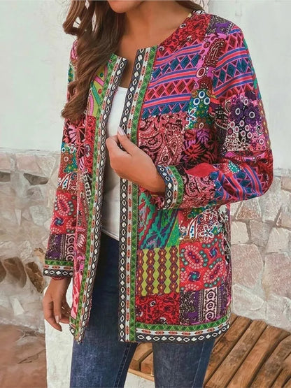 Autumn Winter Fashion Colorful Boho Floral Print Open Front Cardigan Casual Loose Long Sleeve Lightweight Jacket With Pockets