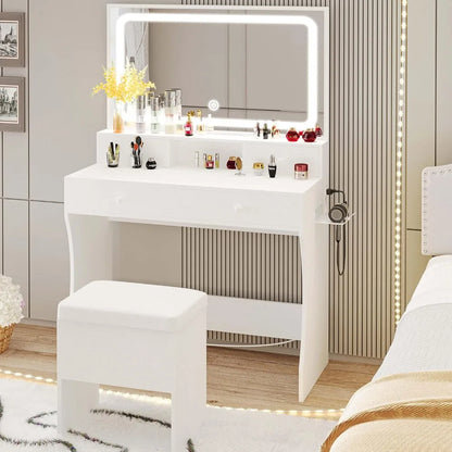 Vanity Desk with LED Lighted Mirror & Power Outlet & 4 Drawers, Home Makeup Table Set with Storage Stool