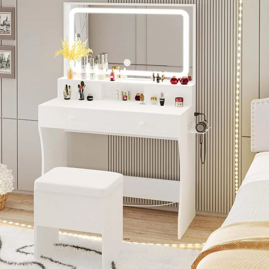 Vanity Desk with LED Lighted Mirror & Power Outlet & 4 Drawers, Home Makeup Table Set with Storage Stool