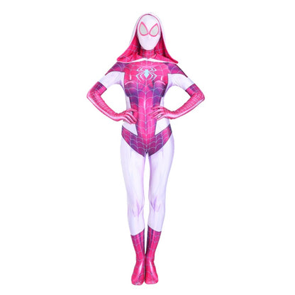 Gwen Stacy cosplay costume for women with pink spider web design and hood for superhero enthusiasts