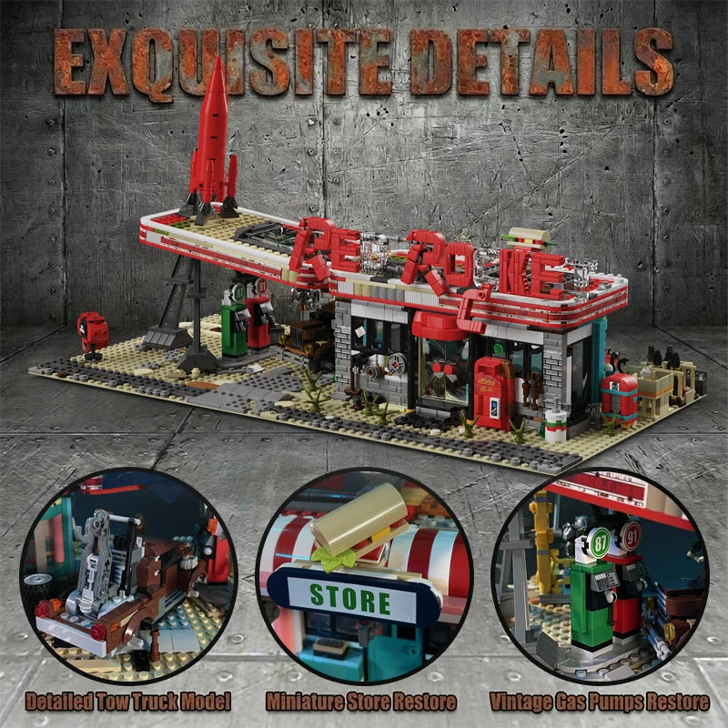 Movie Game Red Abandoned Gas Station Architecture Doomsday MOC House Modular Building Blocks Model Kit Adult Kid Gift 2221PCS