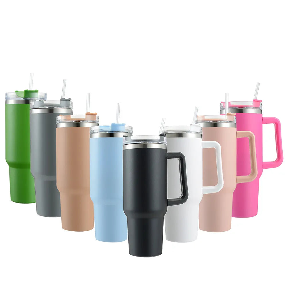 Cafe Insulated Tumbler Straw Stainless Steel Coffee Termos Cup In-Car Vacuum Flasks Portable Water Bottle 40oz Mug With Handle