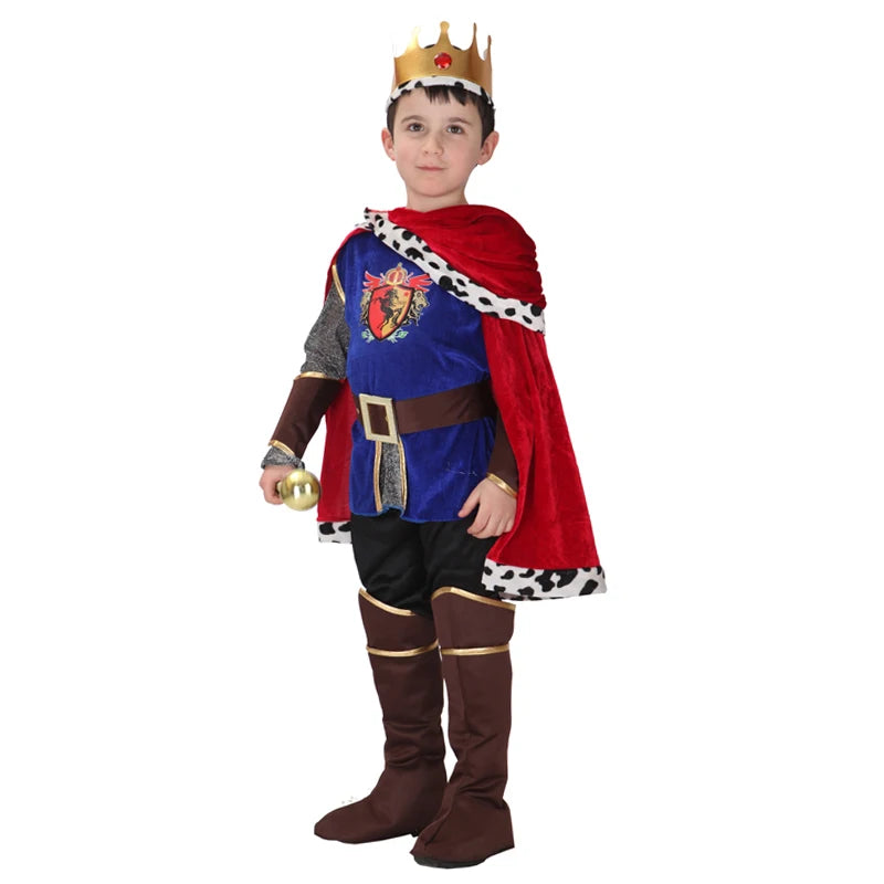 Royal king costume for adults and kids featuring a blue tunic, red cape, and crown for themed events