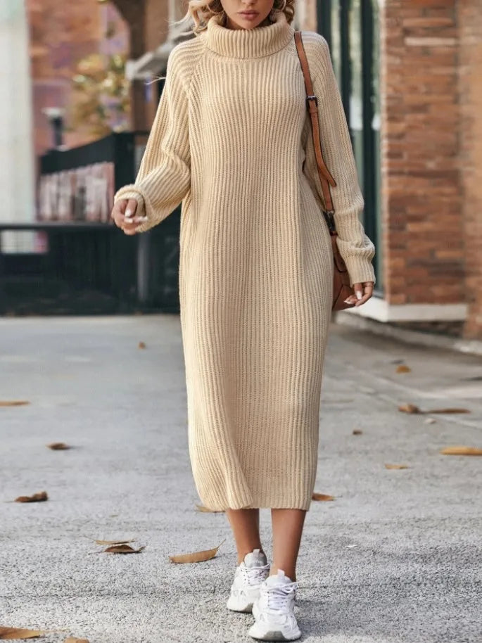 Winter New Women's Fashion Temperament Elegant Slim Fit Coat Long Woolen Dress Loose Casual High Neck Knitted Dress