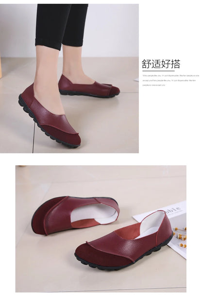 Women's shoes casual flat walking low heel loafers leather solid color large size casual single shoe work shoes44