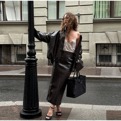 Leather Fashion Jacket Skirt Sets Women Zipper Loose Street Stand Collar Coats Straight Midi Skirts Suits 2025 Autumn Party Chic