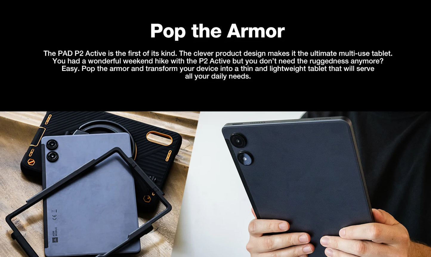 AGM P2 Active 11" FHD Rugged Tablet, IP68 Waterproof/Dustproof, 8GB RAM+256GB, Android 14, G99, Widevine L1 P2W Durable Pad