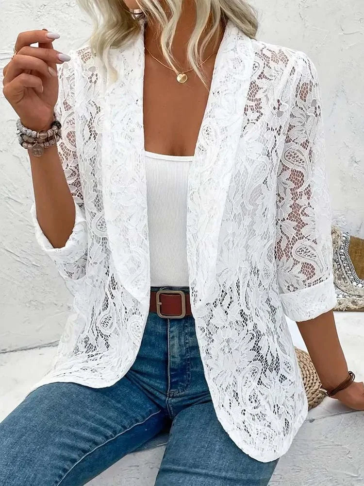Fashion Women Lace Hollow Out Elegant Long Sleeve Coat Autumn Solid Color Loose Cardigan Blazer Spring Casual suit Jacket