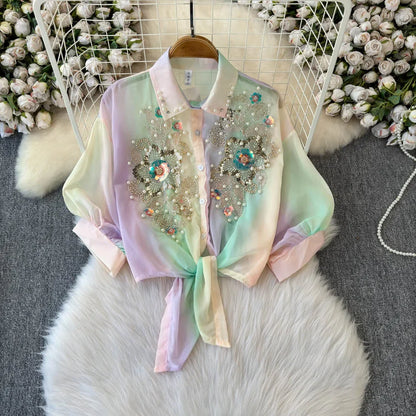 Beads Sequin Flower Blusas Mujer Rainbow Color Shirts & Blouses Lace-up Bow Camisas 2026 Spring Women Clothing Ropa