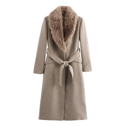 Women's Belt Warm Fur Collar Coat Flip Collar Pocket Button Decoration Autumn/Winter New Women's Wear