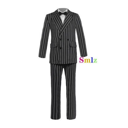 EtherealBe black pinstripe two piece suit with white collar and bow tie, Wednesday Addams cosplay dress for women.