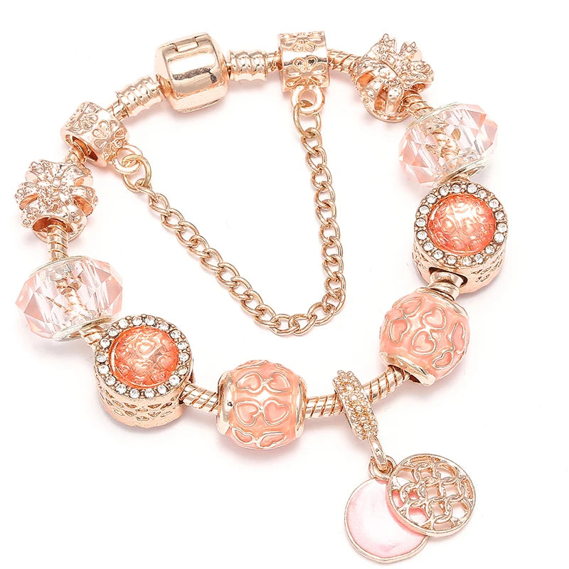 Spring Style Charms Bracelets For Women With Snake Chain Pink Daisy DIY Charms Beads Pendants Fashion Jewelry Dropshipping