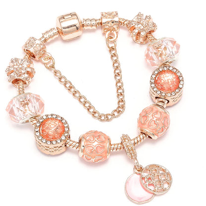 Spring Style Charms Bracelets For Women With Snake Chain Pink Daisy DIY Charms Beads Pendants Fashion Jewelry Dropshipping